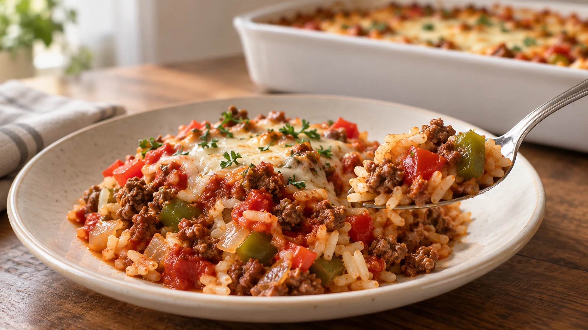 A plate of stuffed pepper casserole with a spoonful of beef, tender peppers and rice beside the baking dish.