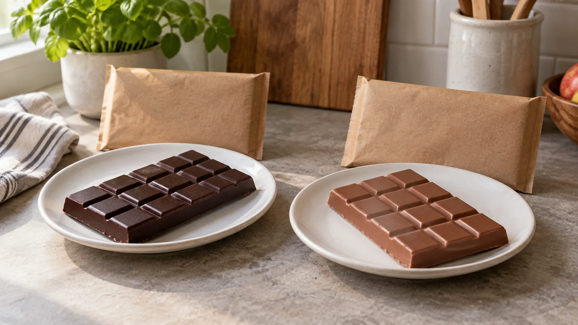 Dark and milk chocolate bars on separate plates with unbranded paper wrappers.