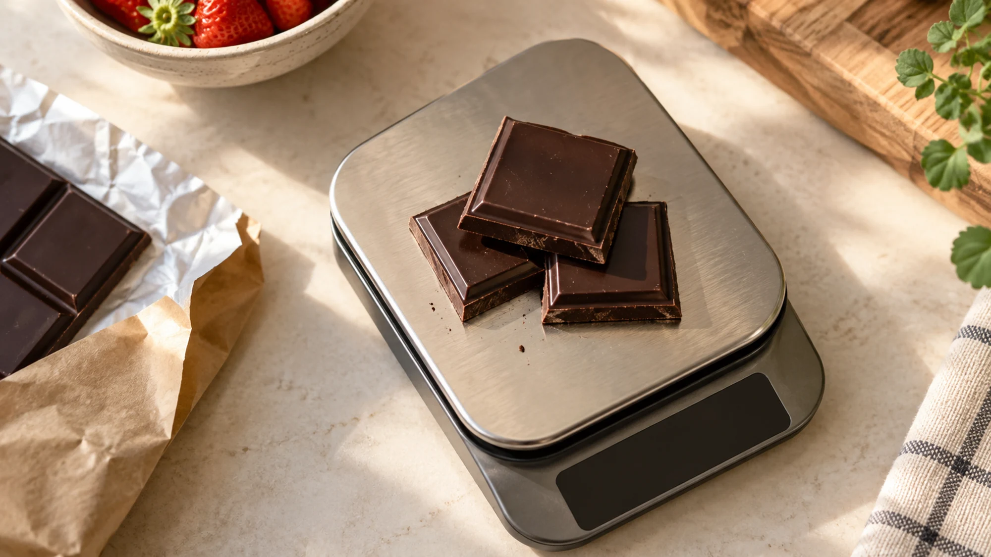 Chocolate squares on a kitchen scale with an unreadable display.