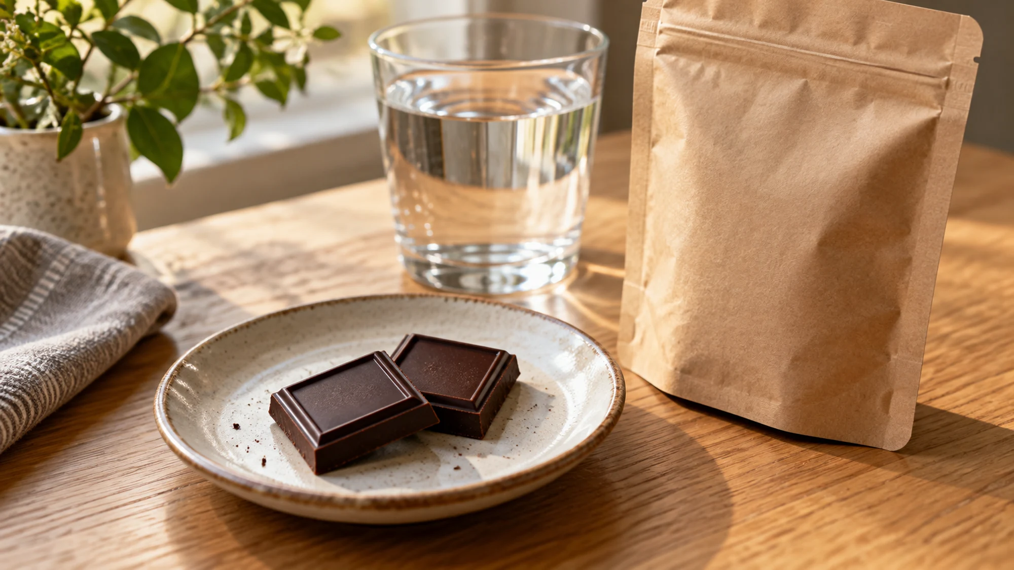 Two chocolate squares on a small plate beside water and a plain pouch.