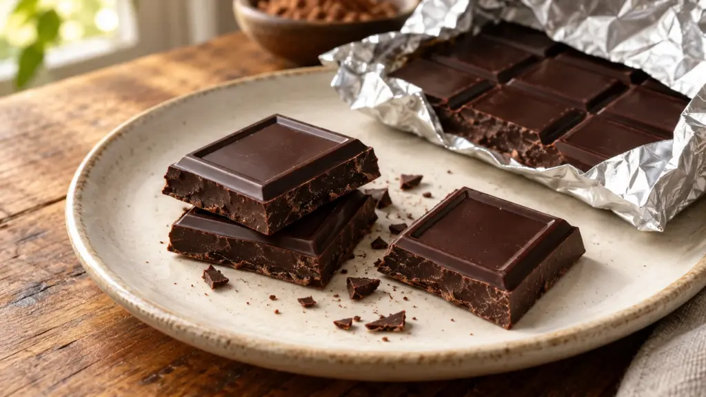Broken dark chocolate squares on an ivory plate beside a plain silver wrapper.