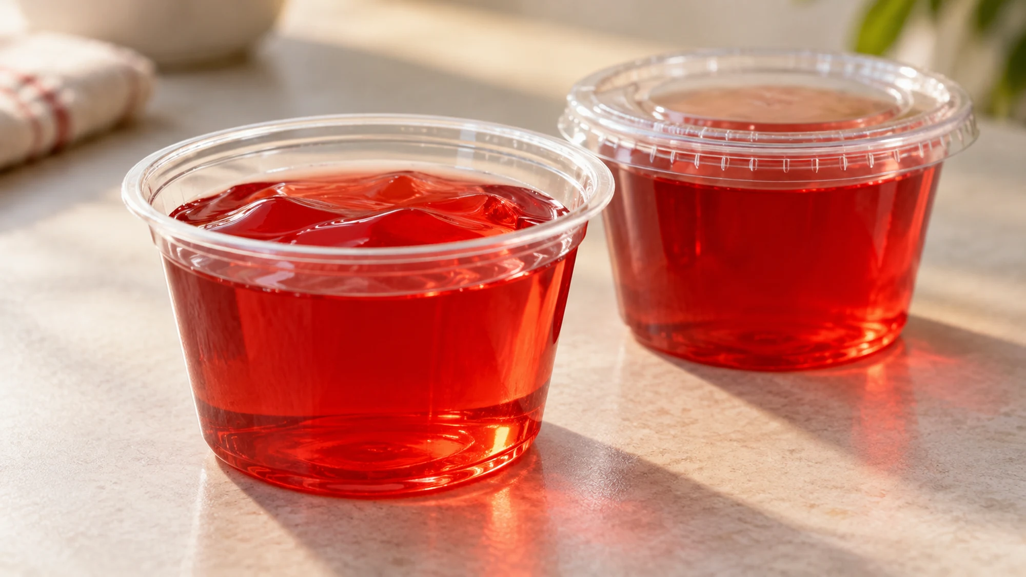 Two clear portion cups of red gelatin, one open and one covered