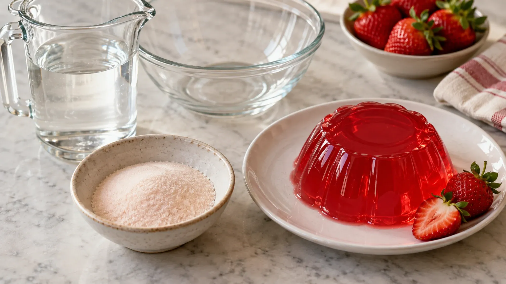 Gelatin dessert powder and a water jug beside a molded red dessert and strawberries