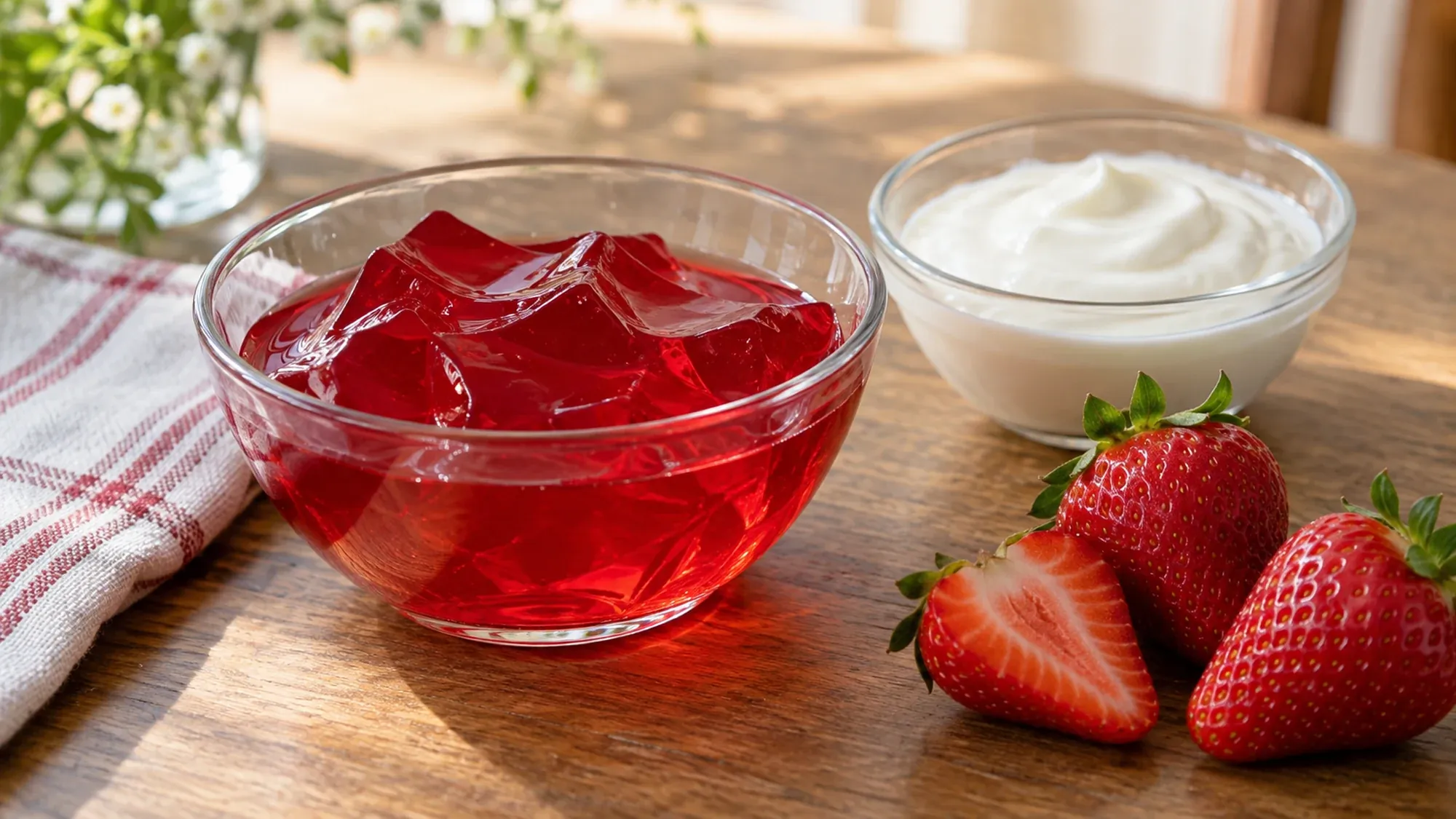Red gelatin beside separate plain yogurt and fresh strawberries