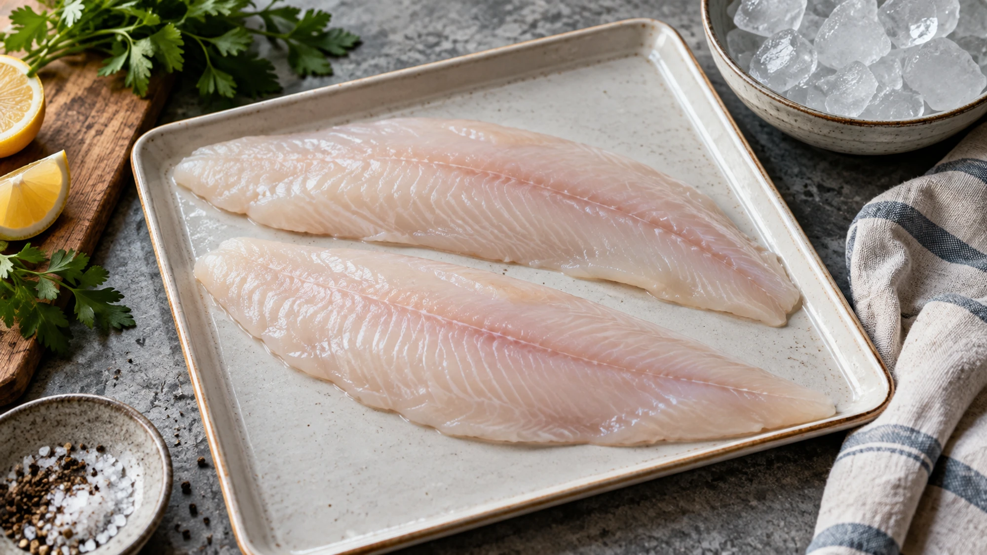 Two pale raw skinless swai fillets arranged on a clean rimmed tray.