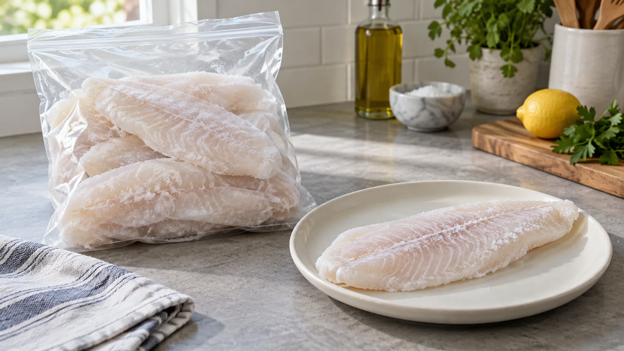 Frozen swai fillets in a clear bag beside a single frozen fillet on a plate.