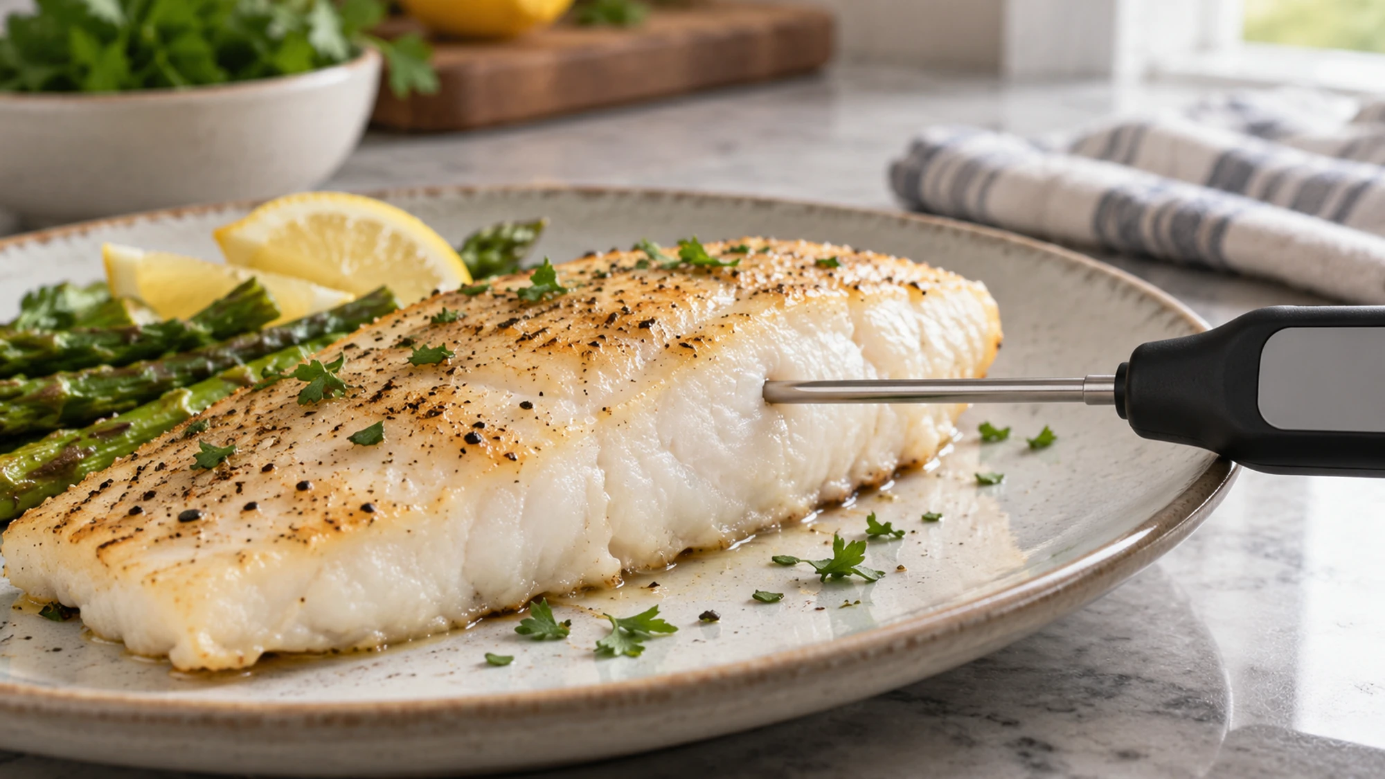 Thermometer probe inserted horizontally into the thickest part of a cooked fish fillet.