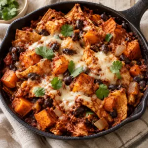Square view of sweet potato black bean enchilada skillet with melted Monterey Jack and cilantro.