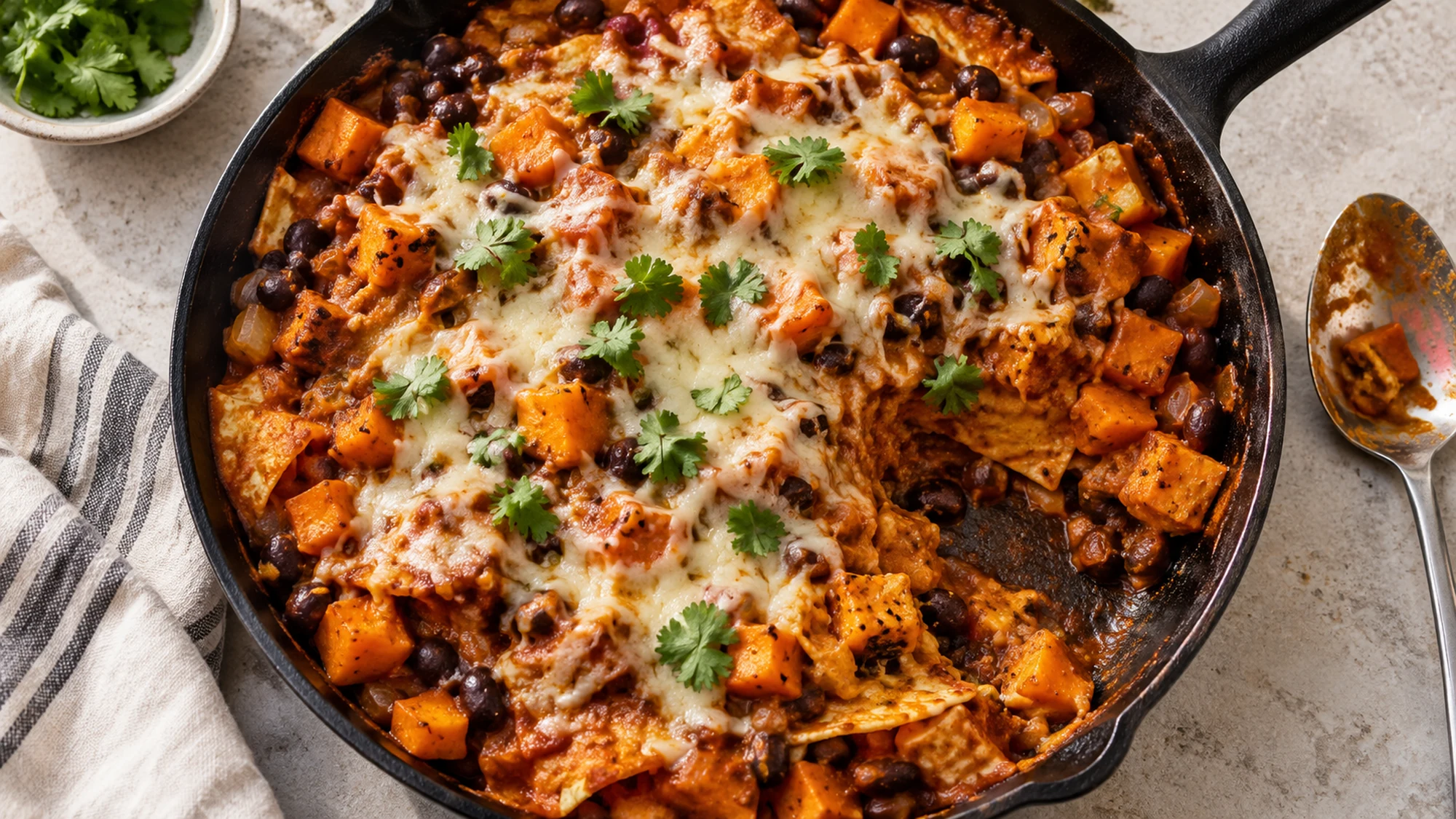 Overhead view of sweet potato black bean enchilada skillet with orange potato cubes, beans, tortilla pieces and melted cheese.