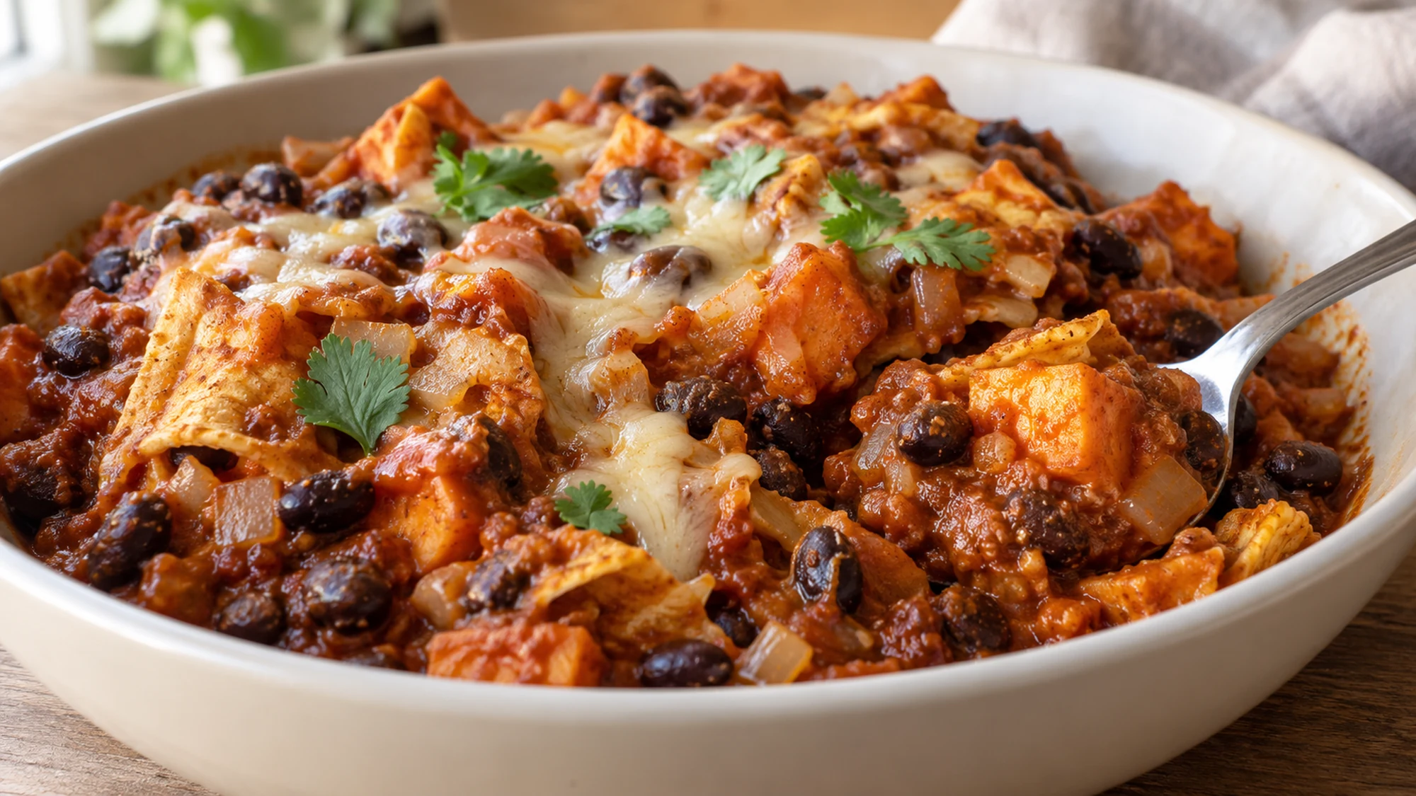 Bowl of sweet potato black bean enchilada skillet with tender orange cubes, beans and sauced corn tortilla pieces.