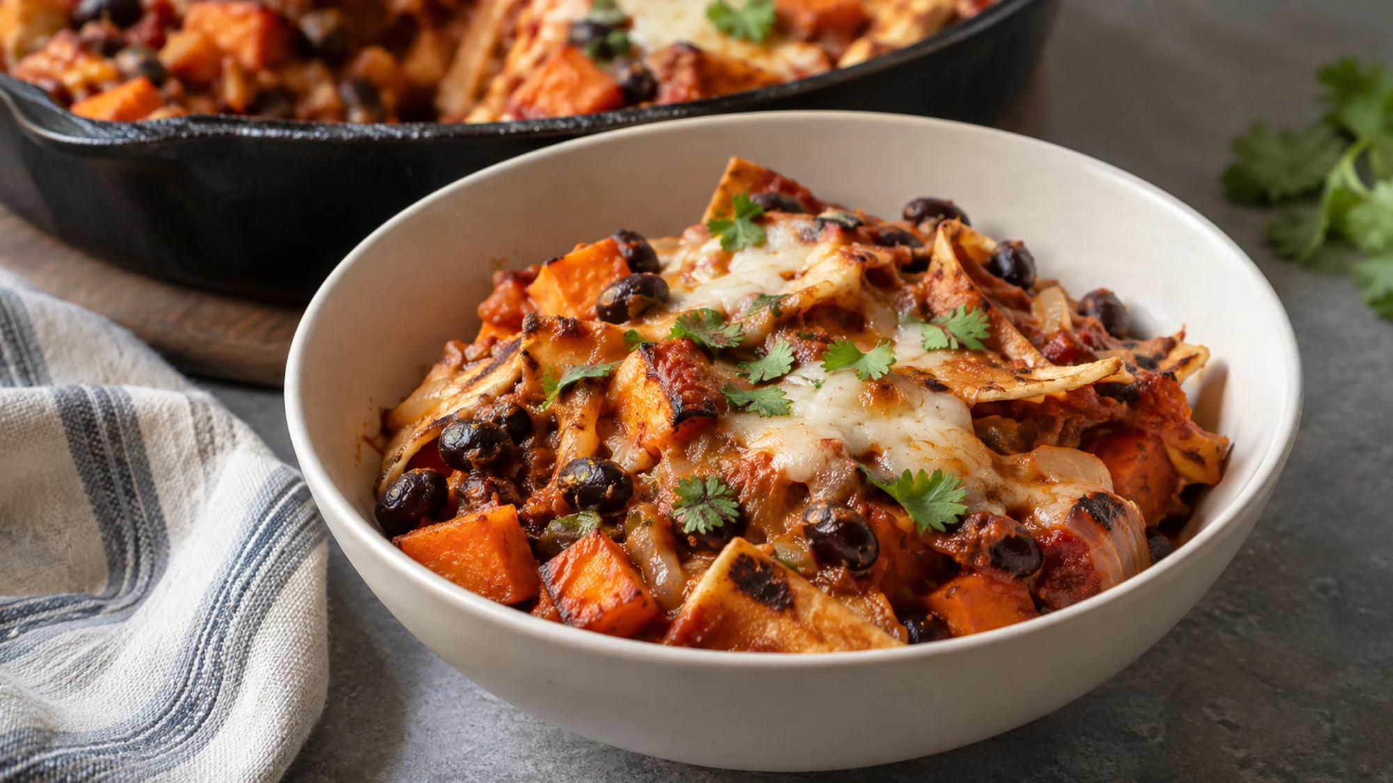 Serving of sweet potato black bean enchilada skillet in an ivory bowl beside the cooking skillet.