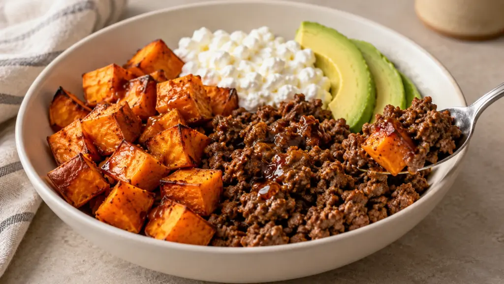 Spoon lifting roasted sweet potato and seasoned ground beef beside cottage cheese and avocado in a bowl.