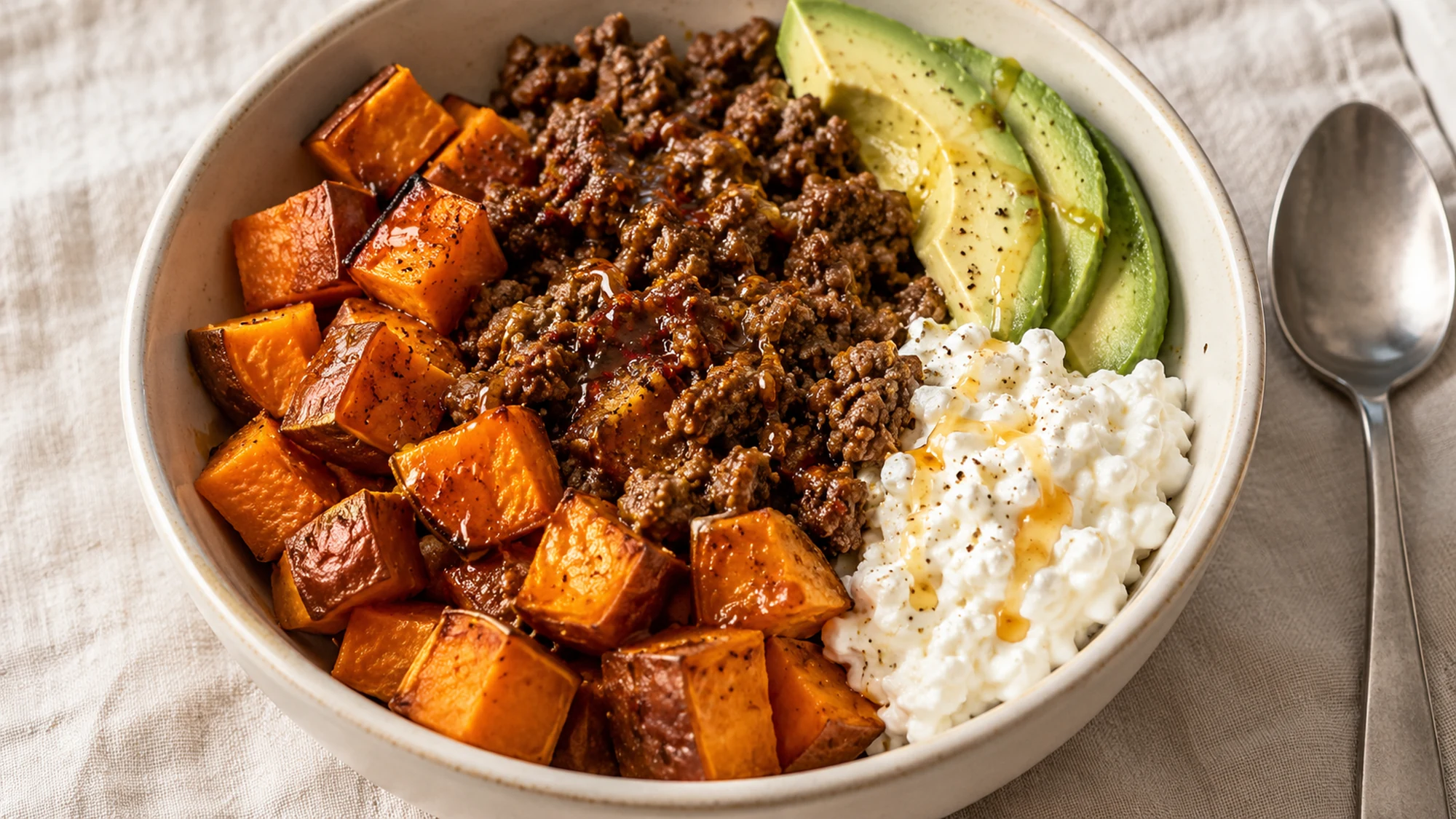 Overhead view of roasted sweet potatoes, taco-seasoned beef, cottage cheese and avocado in a wide bowl.