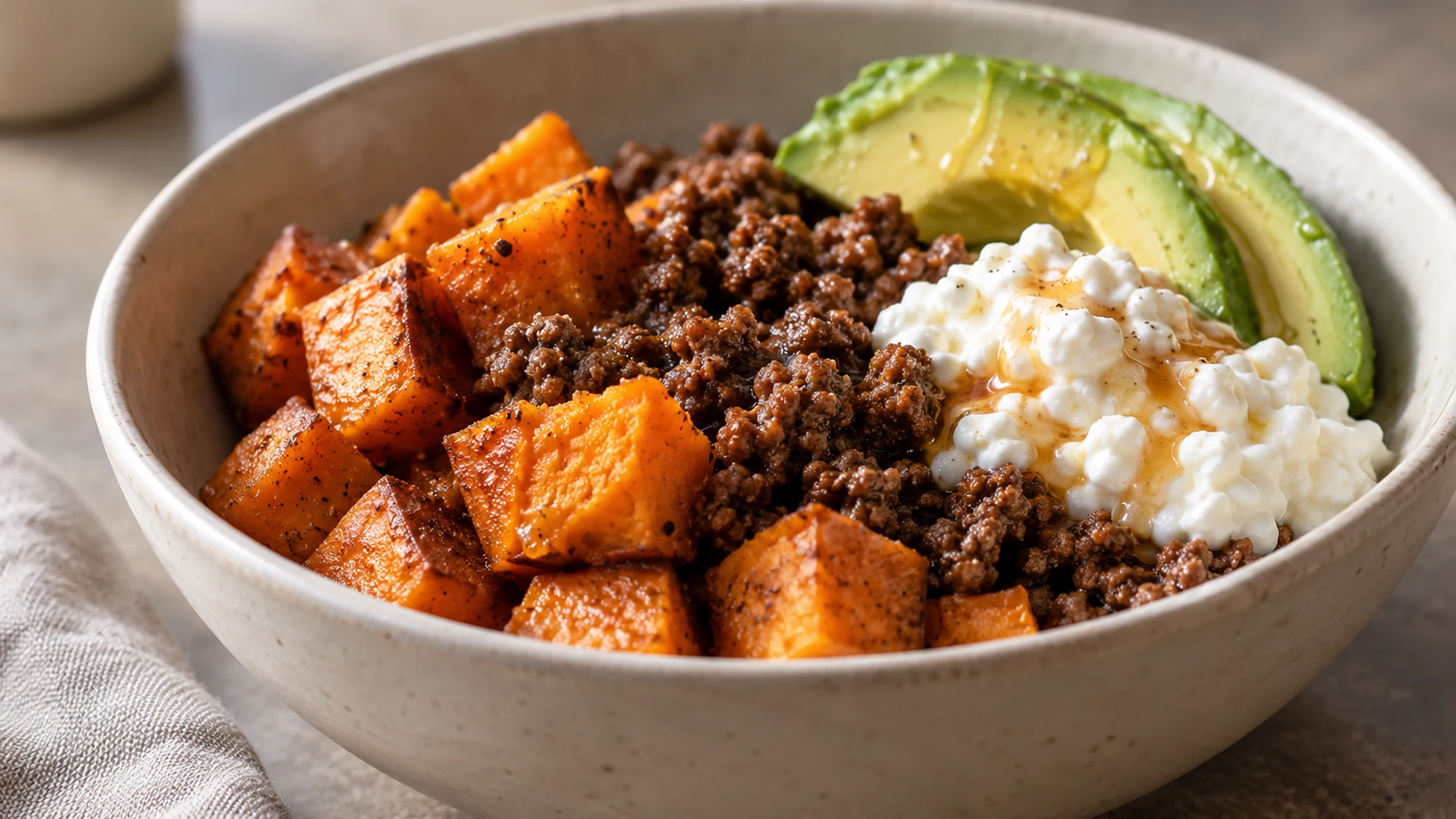 Close view of tender roasted sweet potato cubes, crumbled beef, cool cottage cheese and avocado.