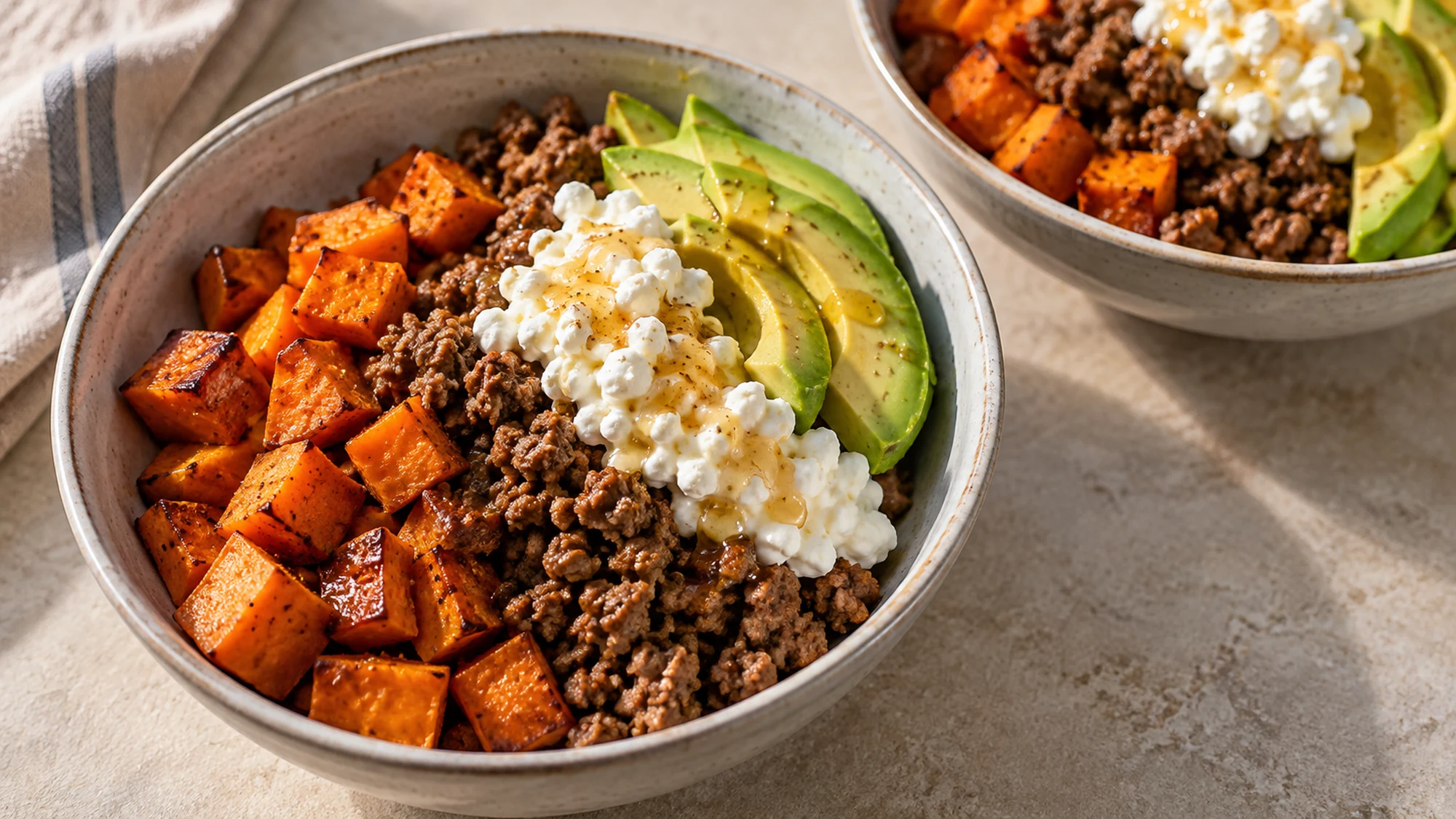 Two bowls of roasted sweet potatoes, seasoned beef, cottage cheese and avocado ready to serve.