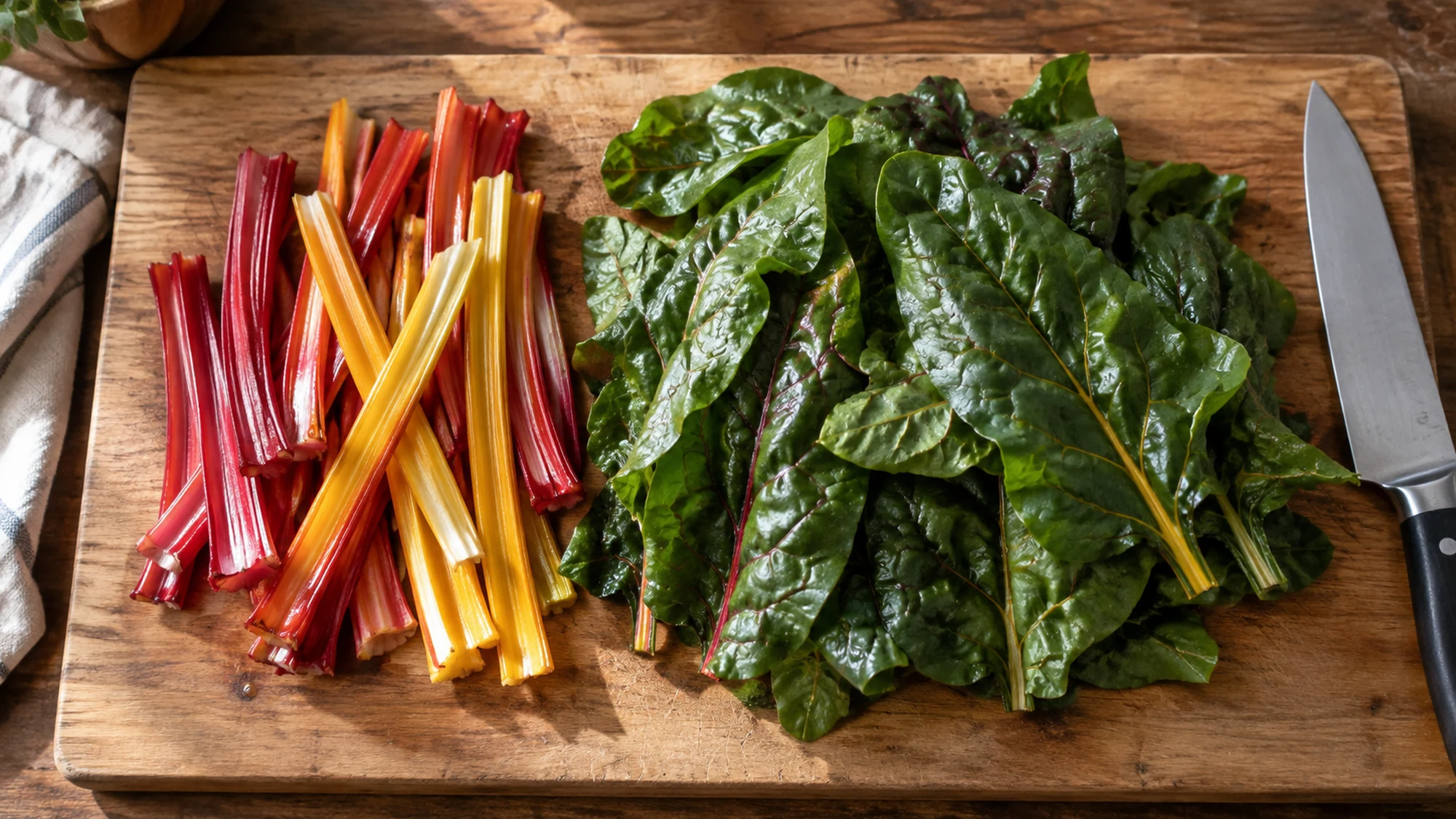 Swiss chard stems separated from green leaves on a cutting board