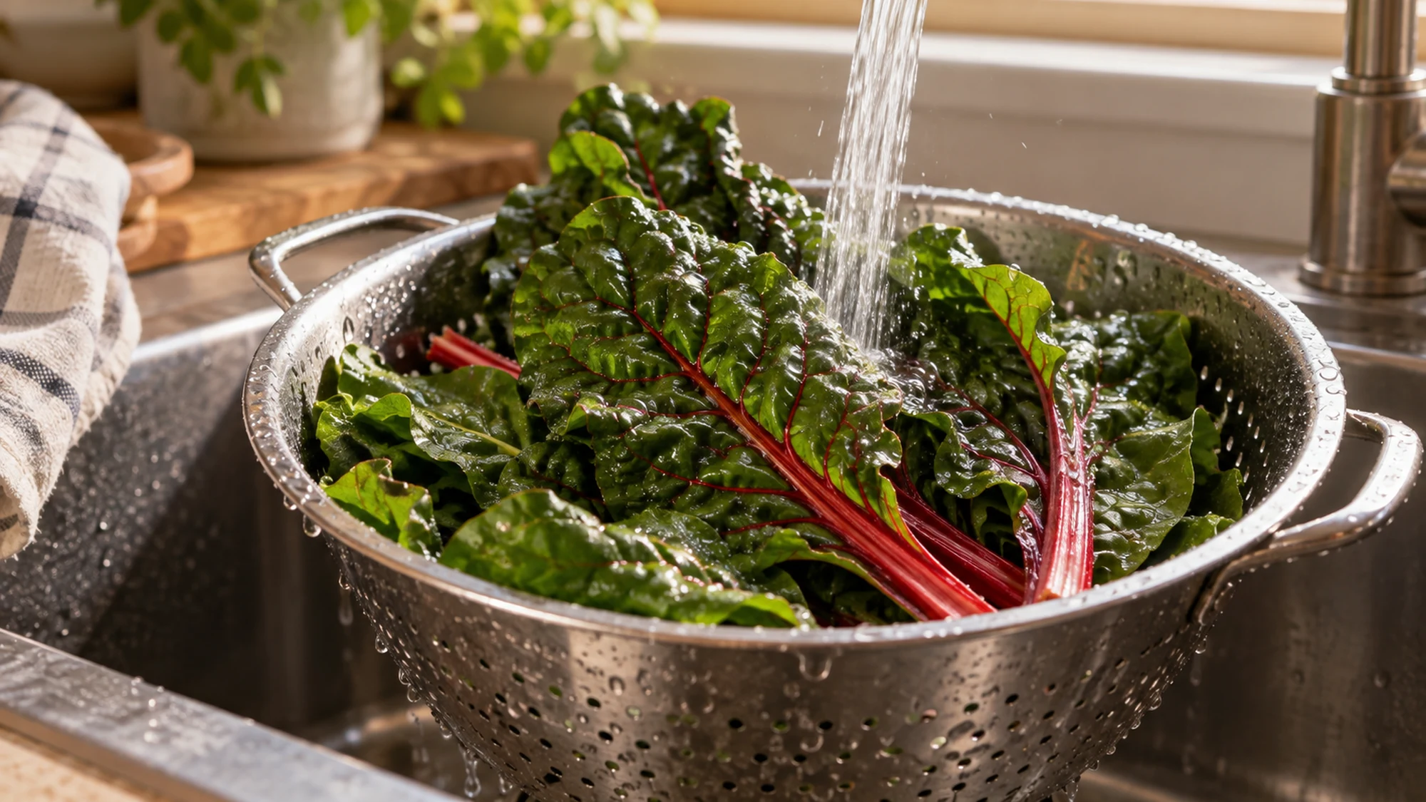 Swiss chard leaves rinsing under water in a metal colander