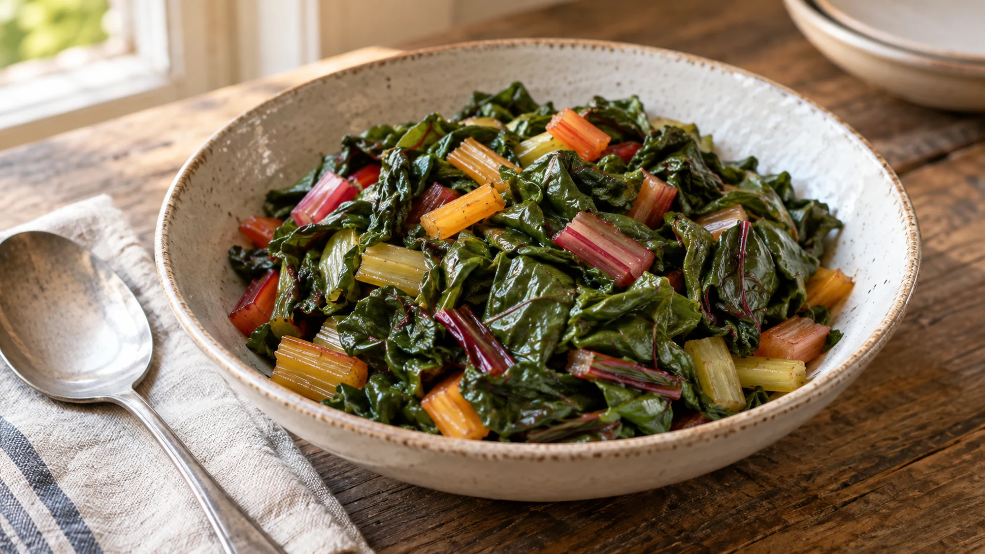 Bowl of wilted Swiss chard leaves with colorful tender stem pieces
