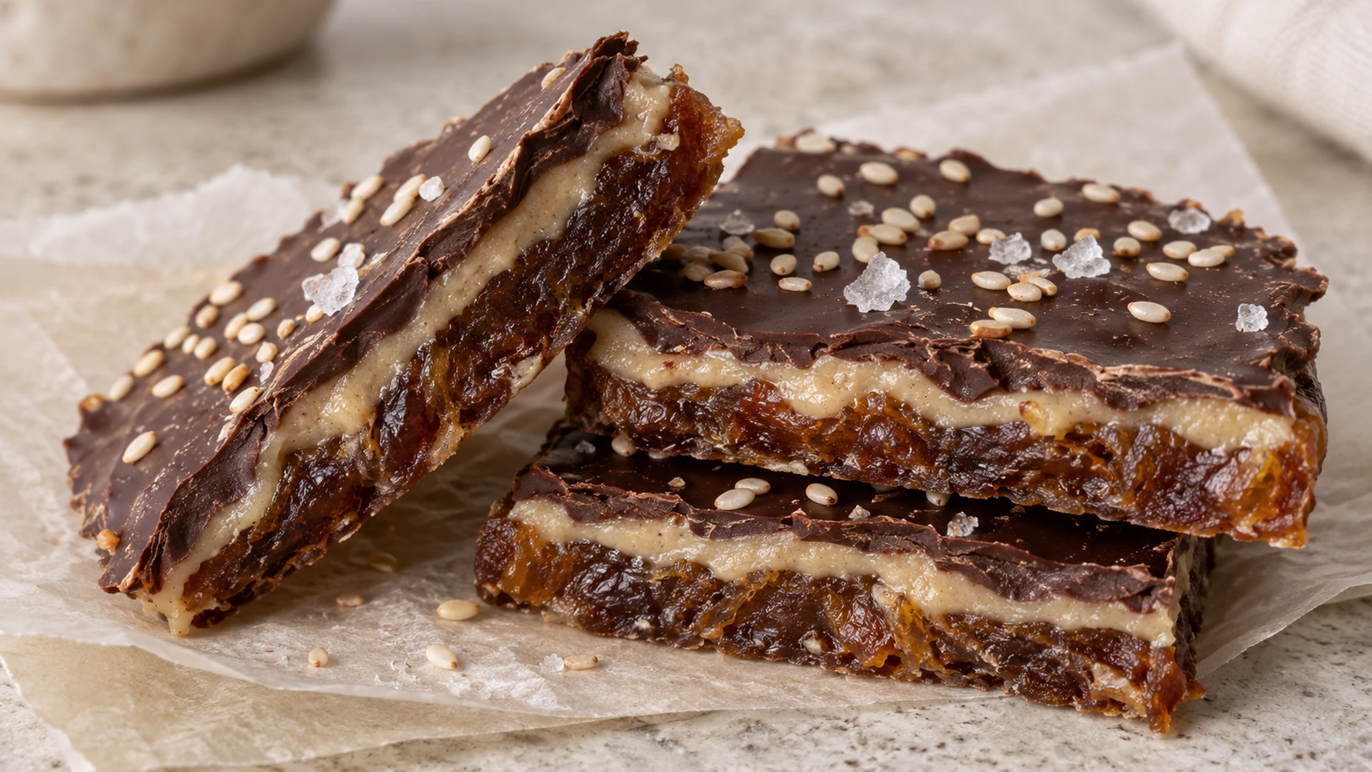 Close side view of tahini date bark with a pressed date base, sesame tahini center and crisp chocolate top.