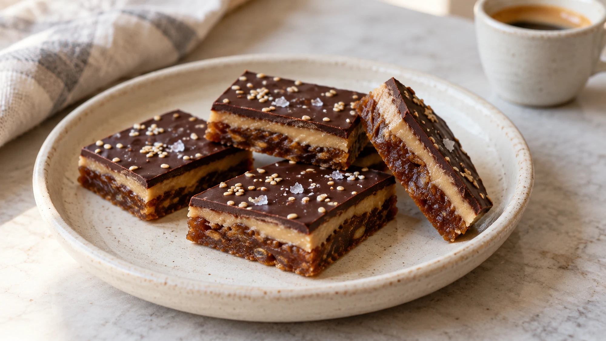 Small tahini date bark pieces on an ivory plate beside coffee, topped lightly with sesame and flaky salt.