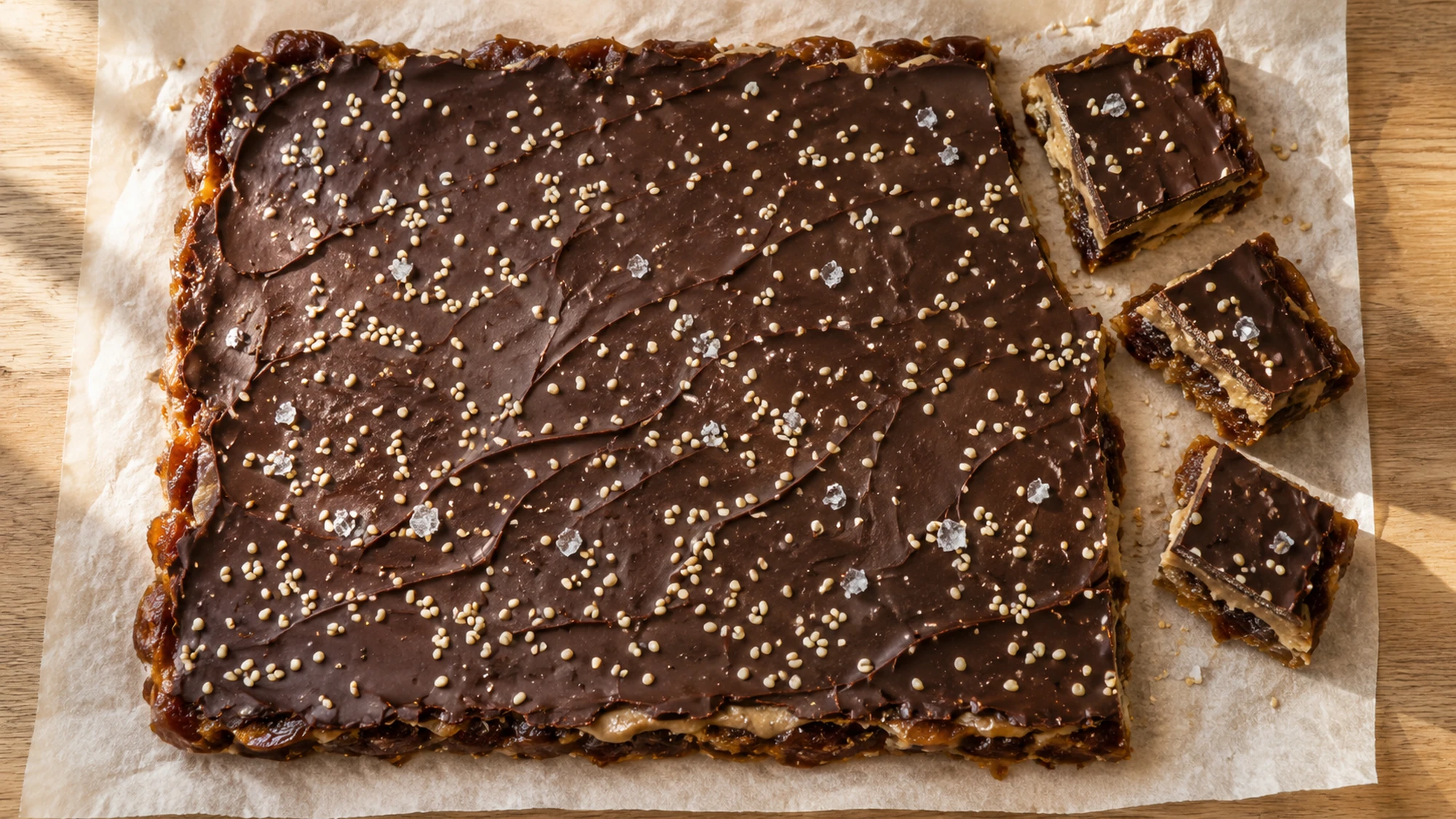 A thin slab of tahini date bark on parchment with sesame seeds and pieces cut from one corner.