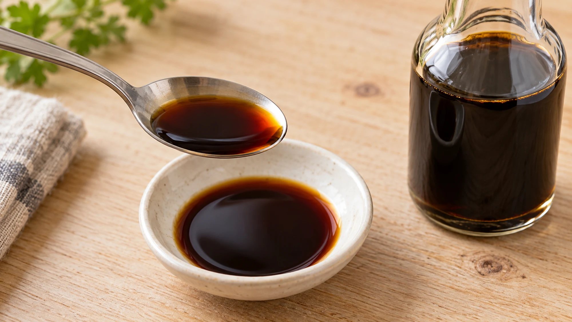 Teaspoon holding dark tamari above a small dipping bowl
