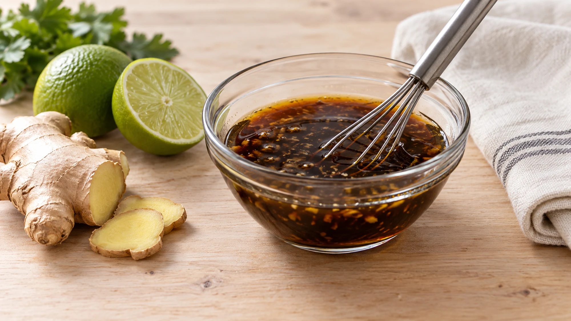 Tamari dressing with a small whisk, ginger and cut lime