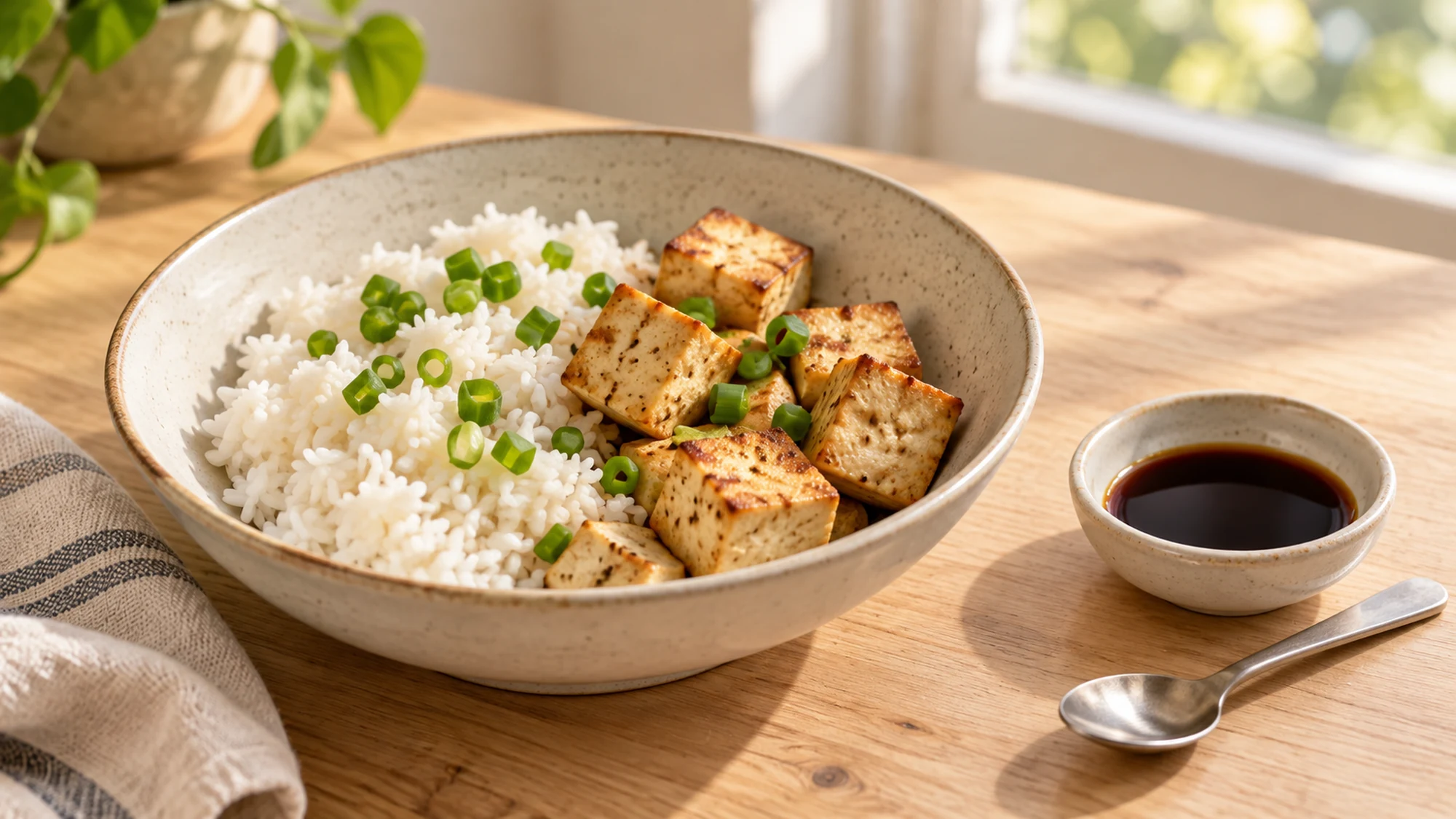 Rice and browned tofu with a separate dish of tamari