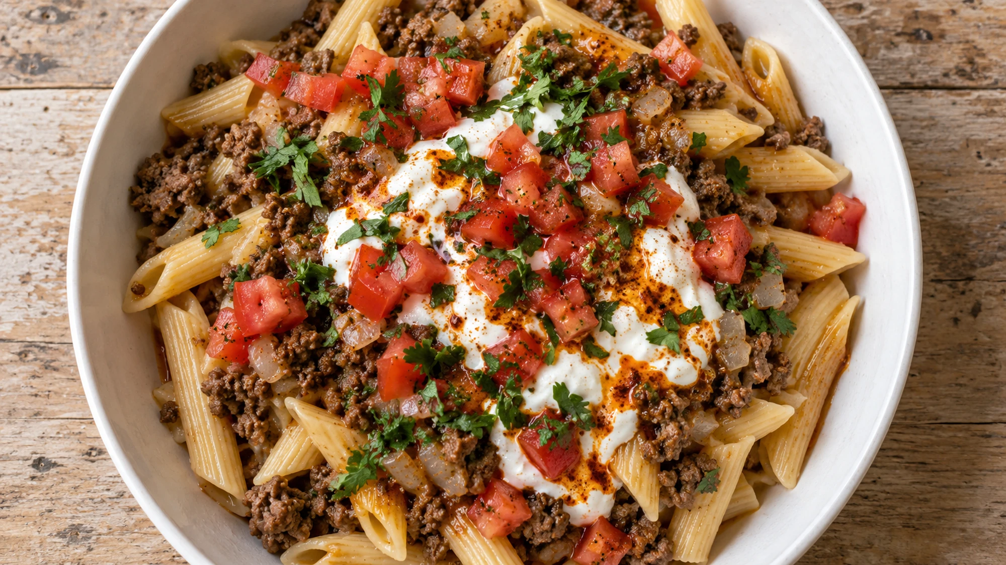 Overhead view of Turkish pasta showing penne, beef crumbles, cool garlic yogurt and fresh tomato.