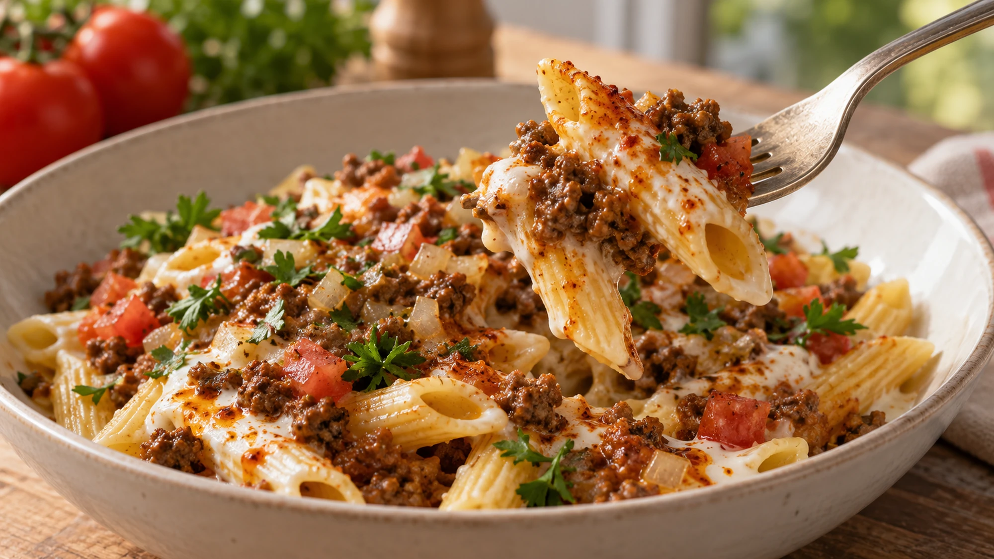 A fork lifting penne with browned beef and garlic yogurt from a bowl of Turkish pasta.