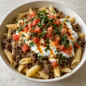 A square view of Turkish pasta with penne, beef, garlic yogurt and a paprika butter finish.