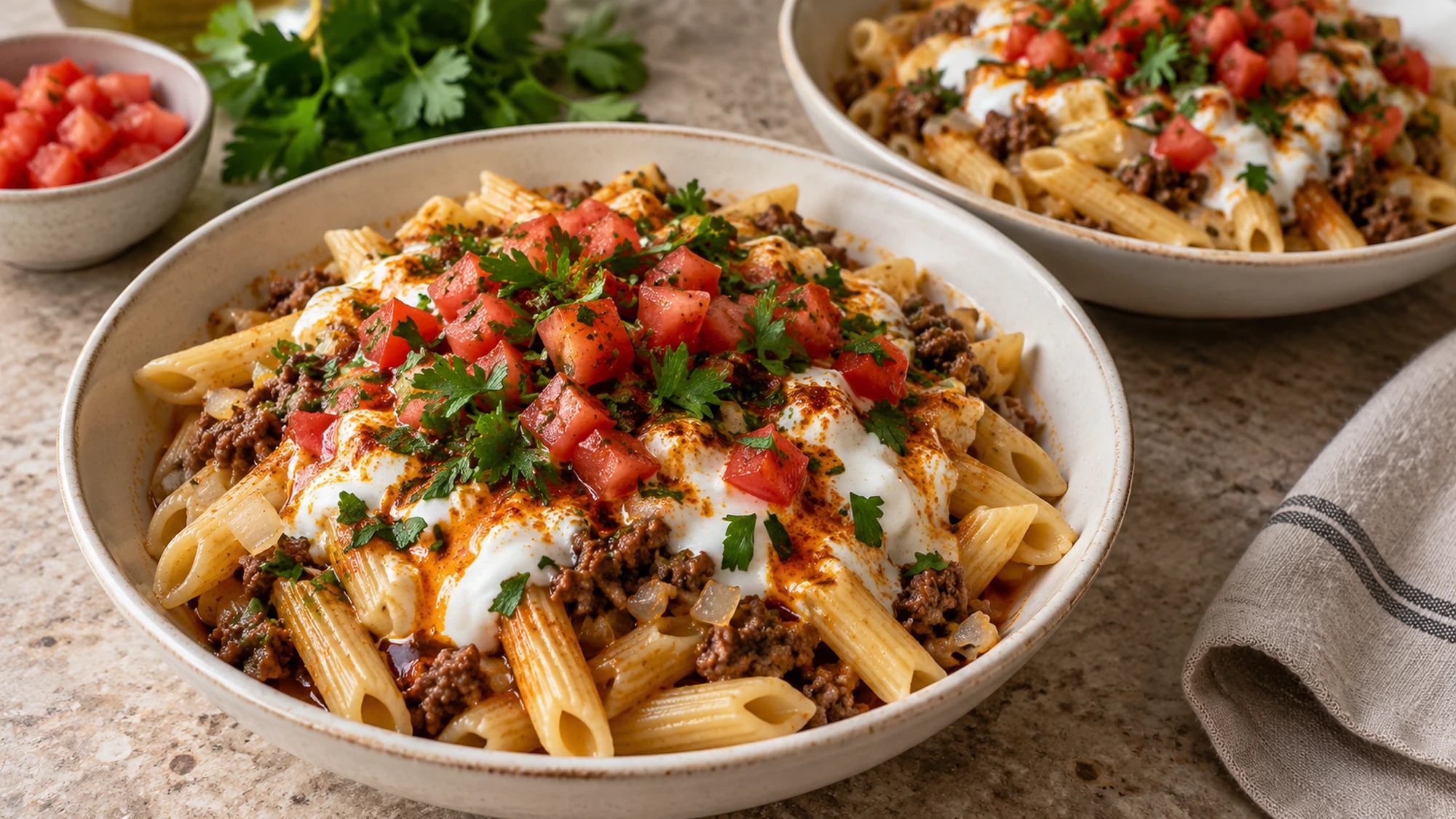 Individual Turkish pasta bowls topped with garlic yogurt, paprika butter, tomato and parsley.