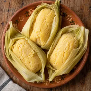 Three pale yellow fresh-corn uchepos arranged in their husks on a terracotta plate.