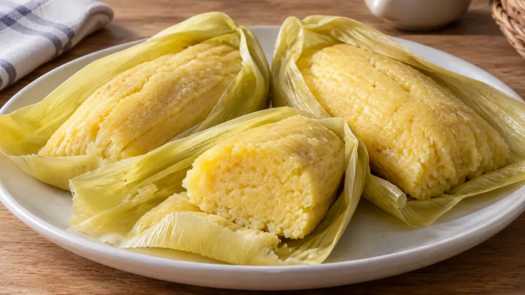 Three plain uchepos in opened fresh corn husks, with a tender yellow corn center exposed.