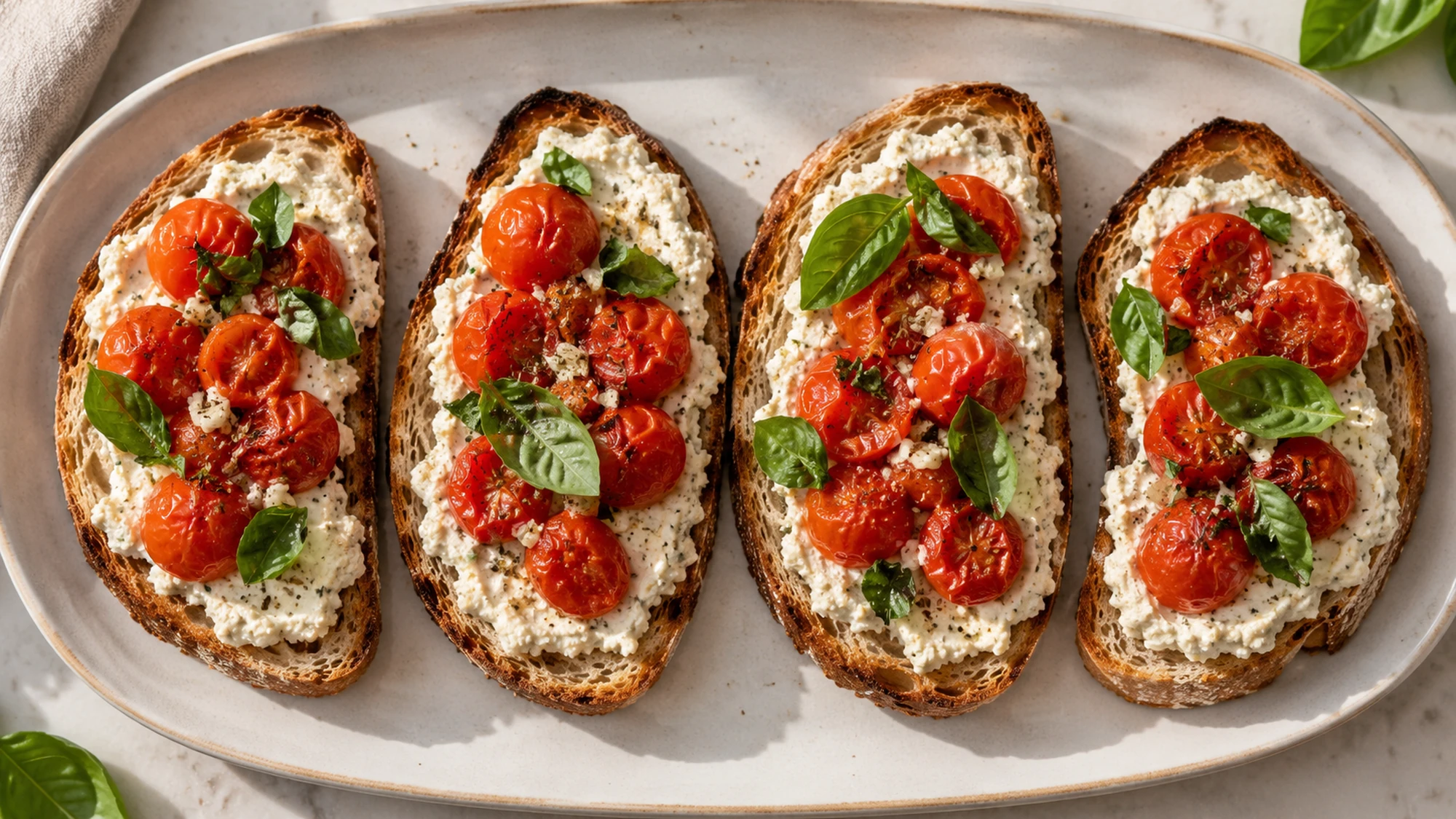 Four vegan ricotta toasts topped with tomatoes and basil on a serving platter.
