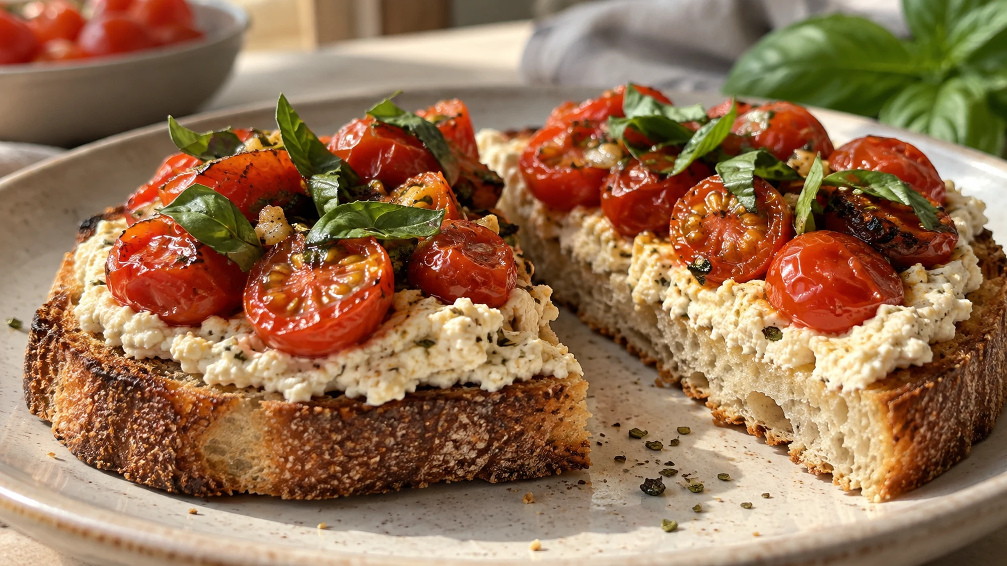 A halved toast showing crisp bread and soft tofu ricotta beneath blistered tomatoes.