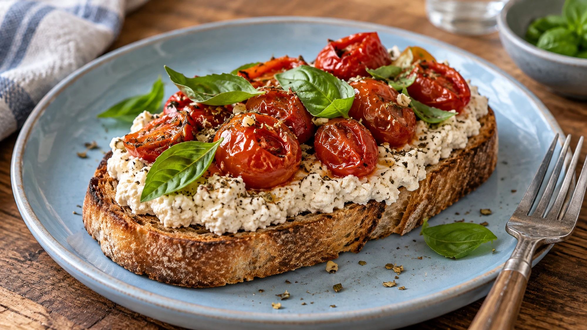 One vegan ricotta toast with tomato and basil on a blue plate.