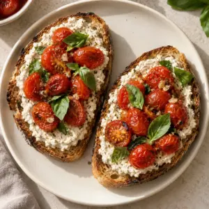 Overhead view of two tomato-topped vegan ricotta toasts on a cream plate.
