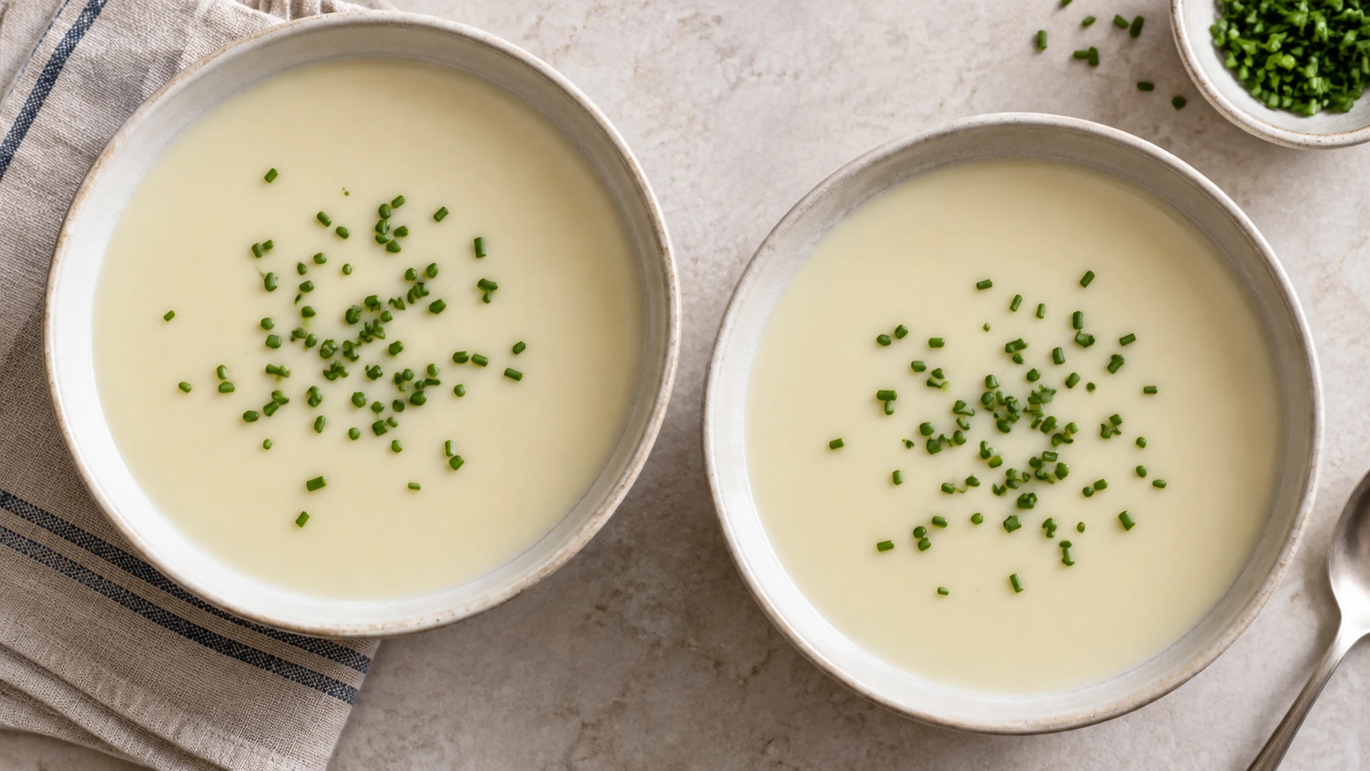Overhead view of smooth leek and potato vichyssoise in two shallow bowls.