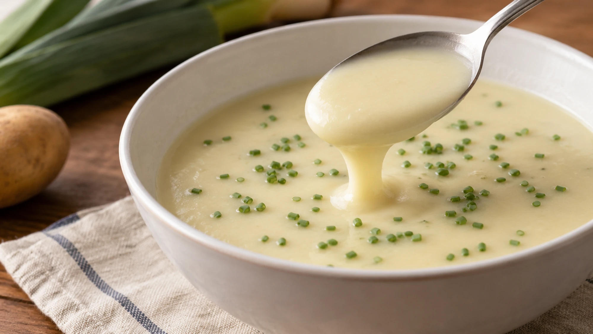 Spoon lifting a silky serving of chilled vichyssoise from a white bowl.