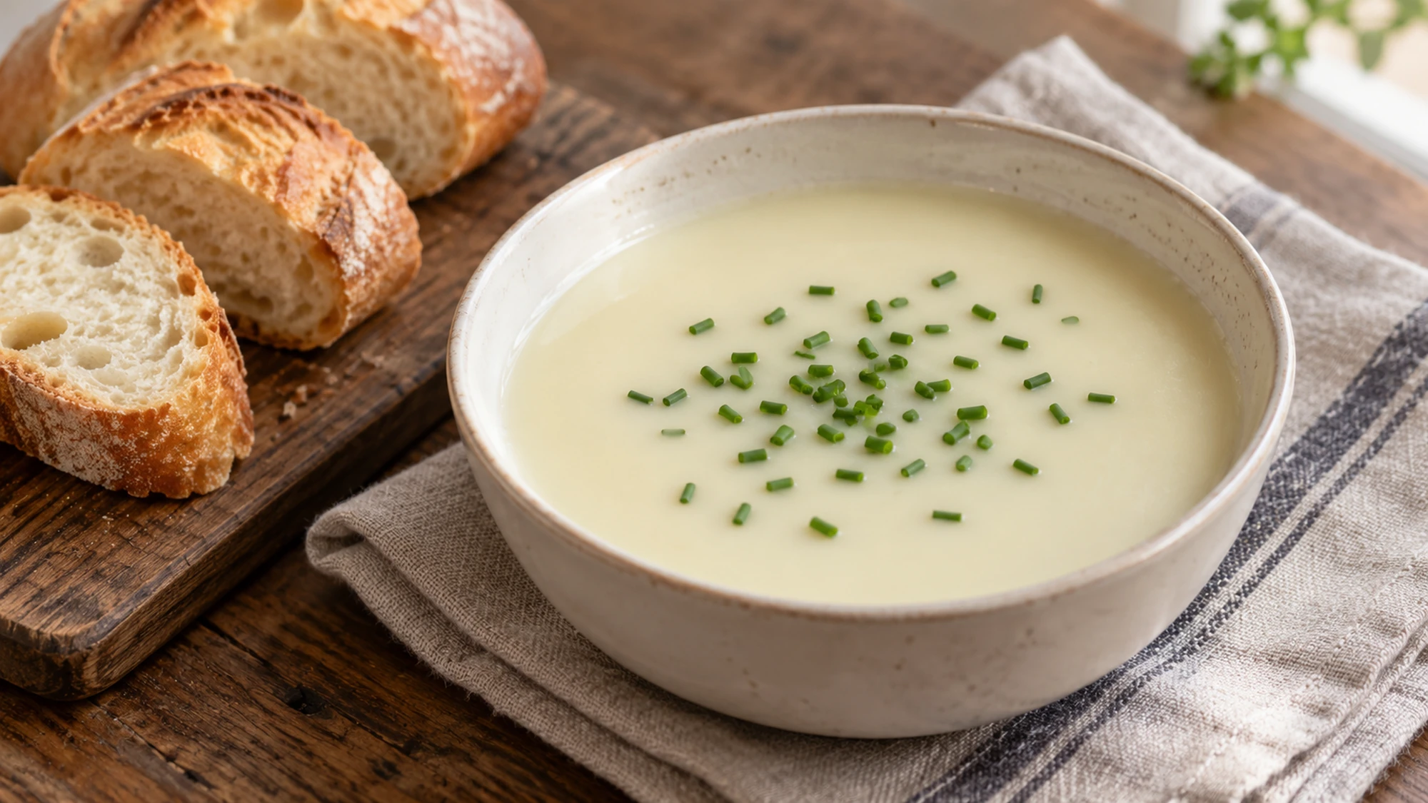 A small bowl of chilled vichyssoise with chives beside sliced bread.