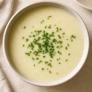 Overhead view of silky pale vichyssoise in a cream bowl with chopped chives.