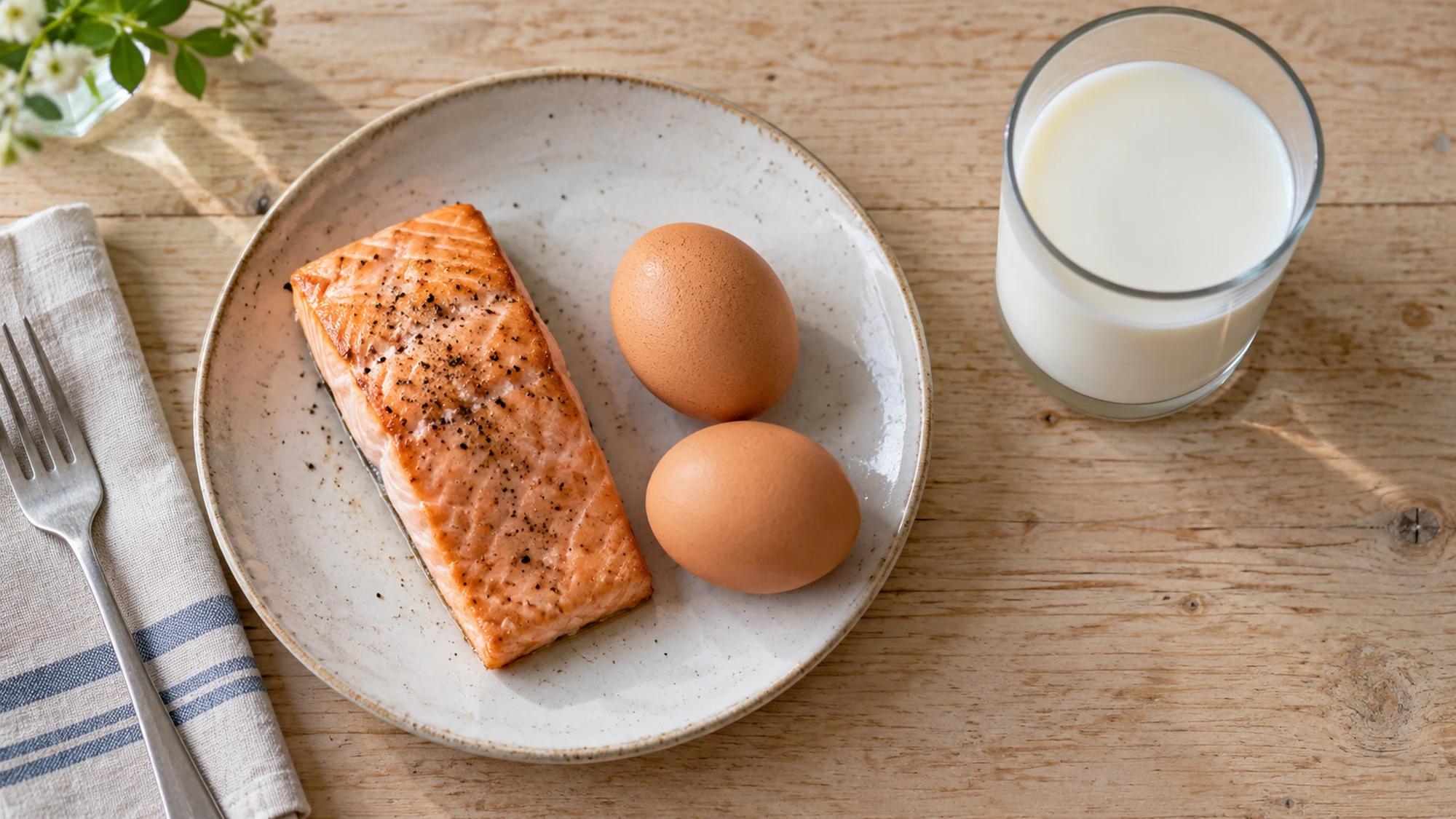 A salmon fillet beside eggs and a glass of milk