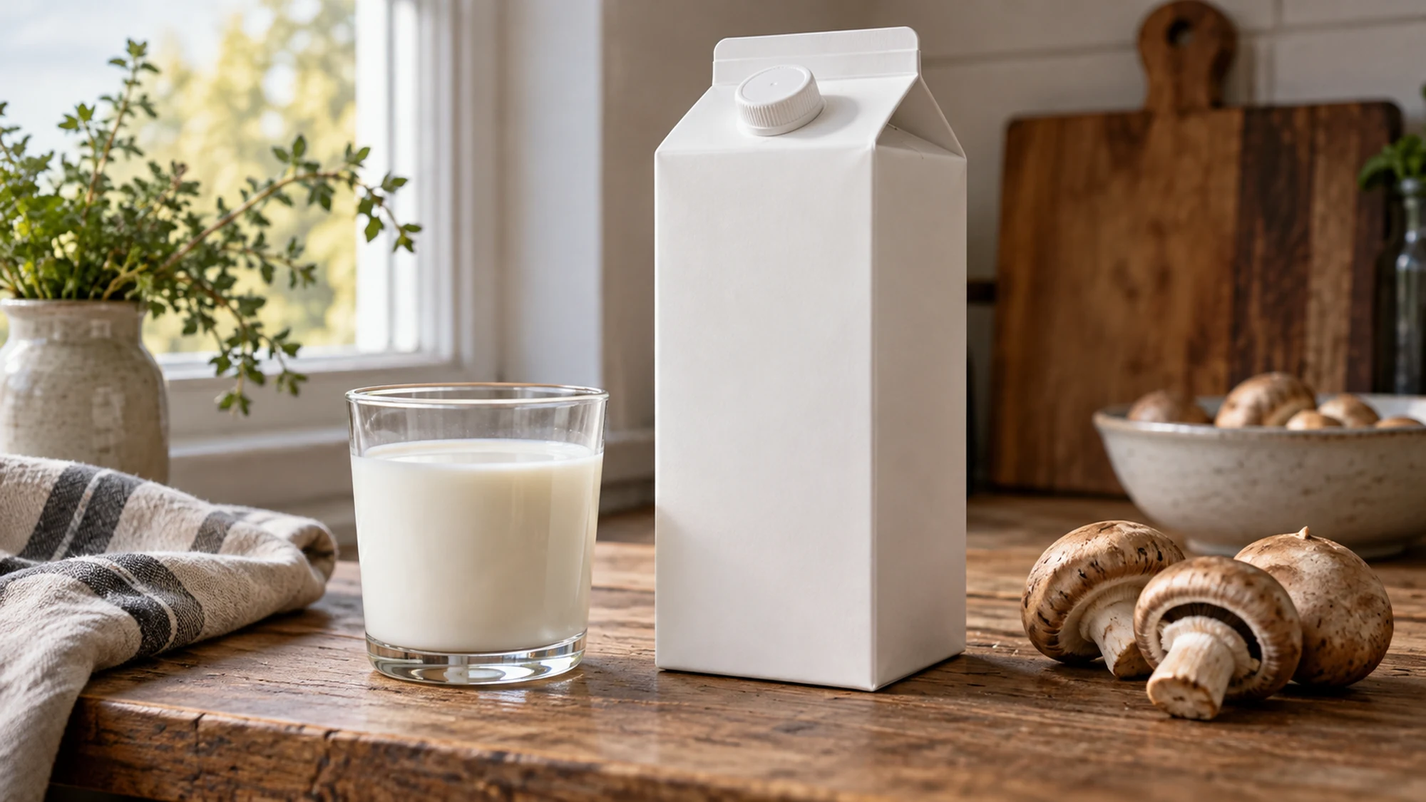 A plain milk carton beside a glass of milk and mushrooms