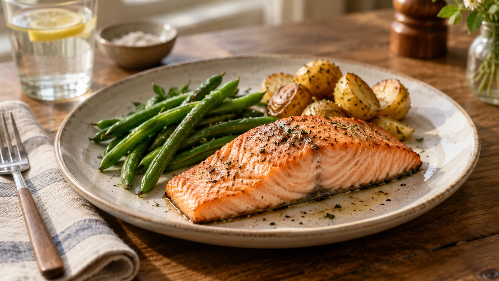 A cooked salmon portion with vegetables on a simple plate