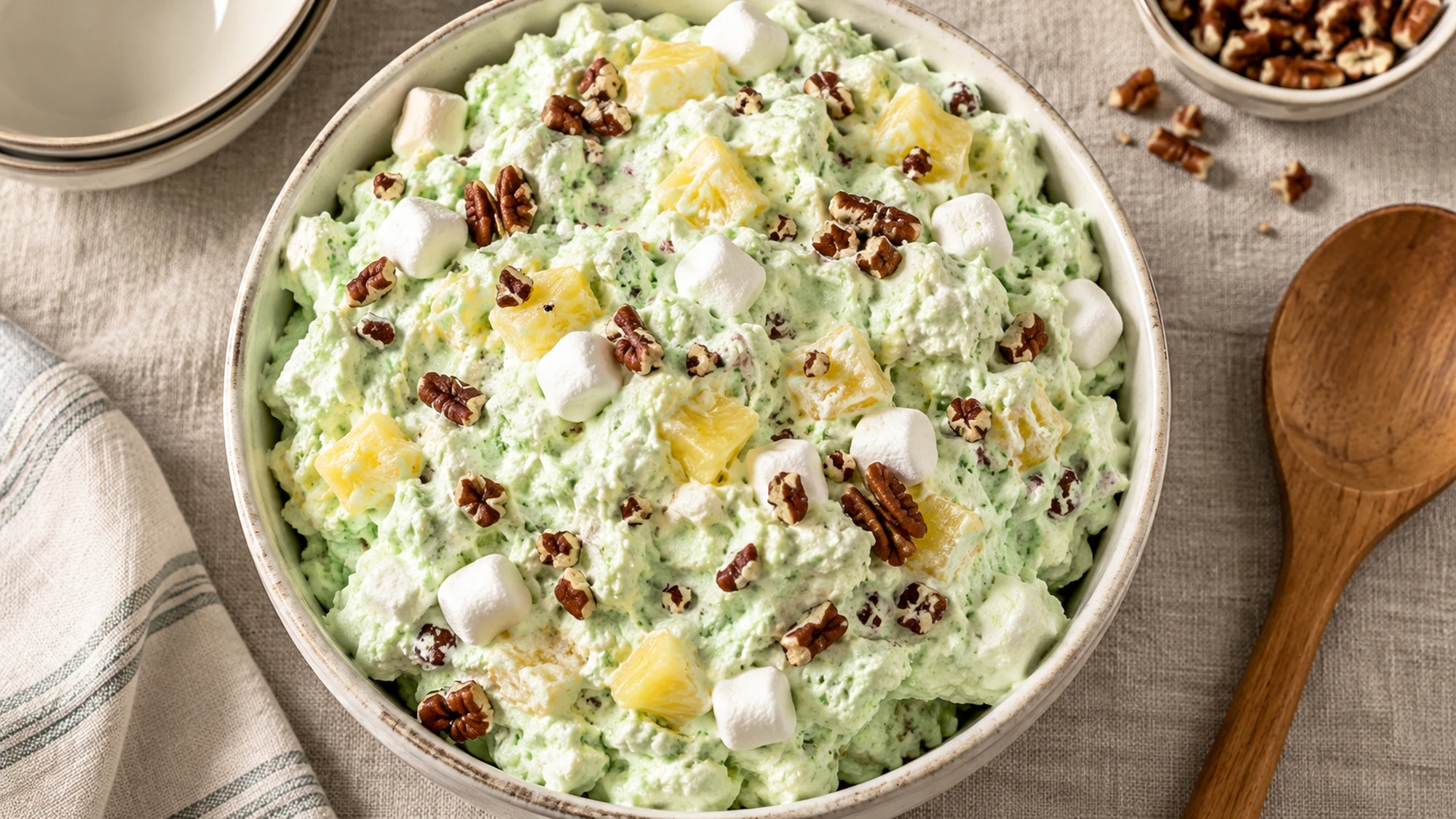 Overhead view of creamy pistachio Watergate salad topped with pecans and mini marshmallows.