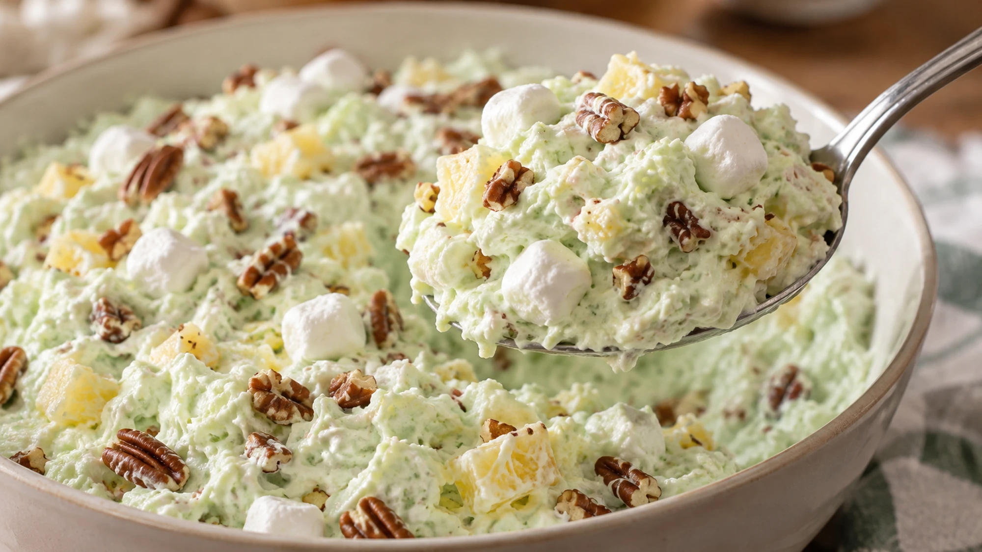 Spoon lifting fluffy Watergate salad with pineapple pieces and marshmallows.