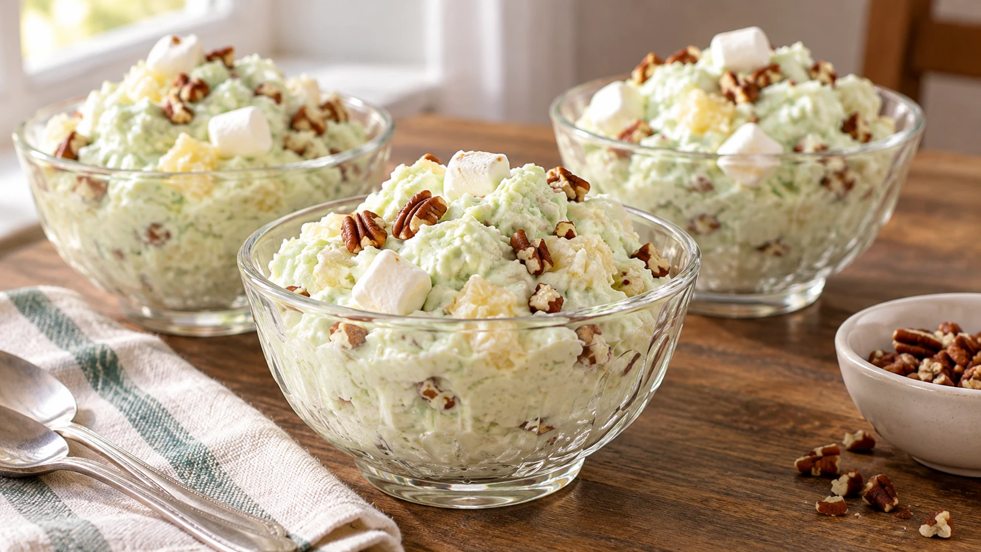 Small dessert bowls filled with chilled pale green Watergate salad and pecans.