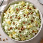 Square overhead view of Watergate salad with chopped pecans, pineapple and mini marshmallows.