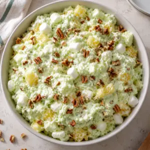 Square overhead view of Watergate salad with chopped pecans, pineapple and mini marshmallows.